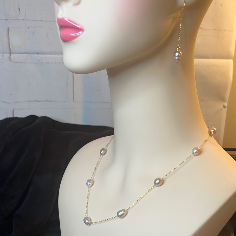 Multi Color Pink Pearl Station Necklace & Dangle Earrings 14kyg/SS